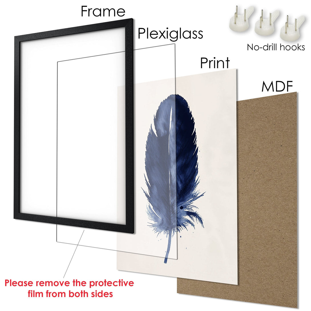 Framed Poster featuring a blue watercolor feather design. Elegant art print with a neutral color palette. Ready to hang!