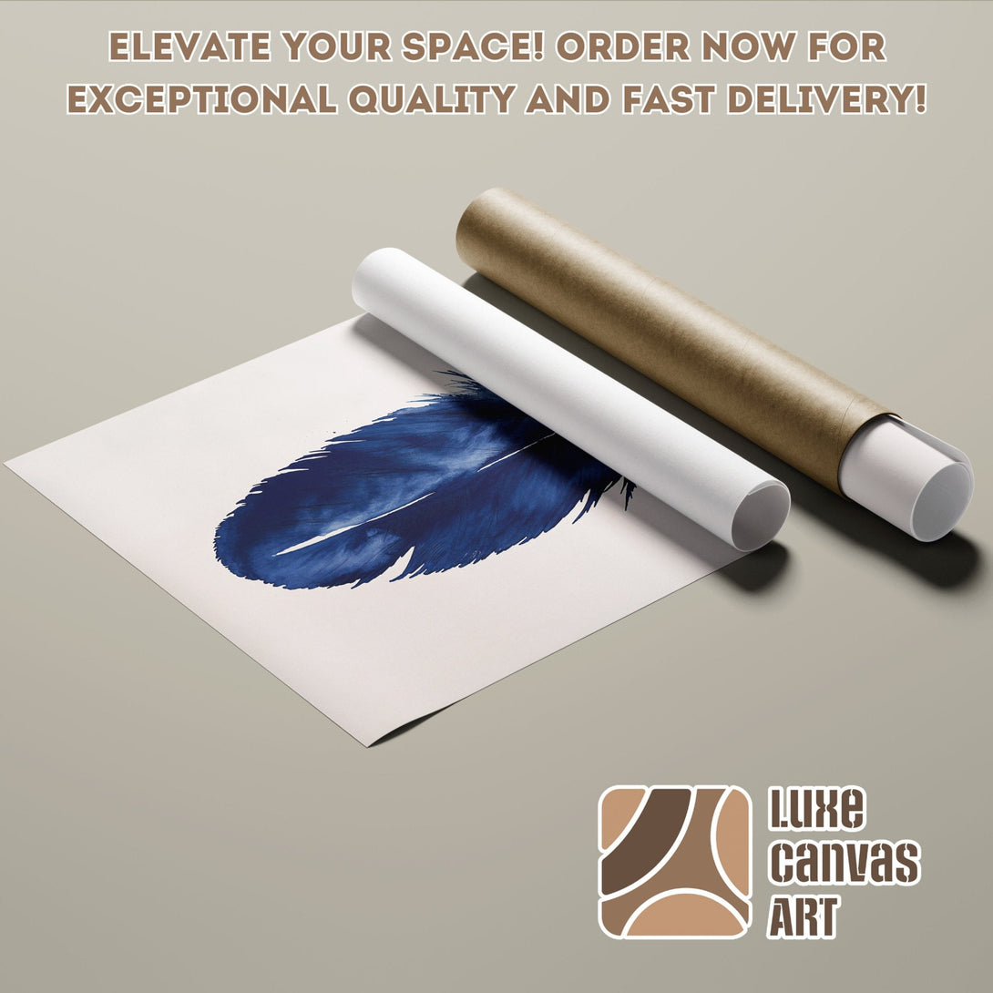 Poster Roll featuring a blue watercolor feather on white, neutral palette. Elevate your space with art!