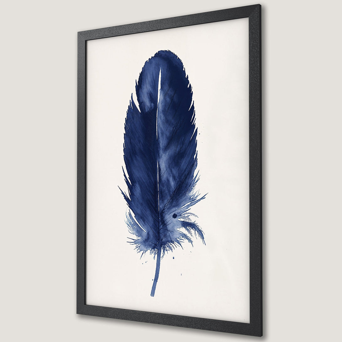 Framed Poster featuring a watercolor-style blue feather on a white background. Perfect wall art decor for a calming aesthetic.