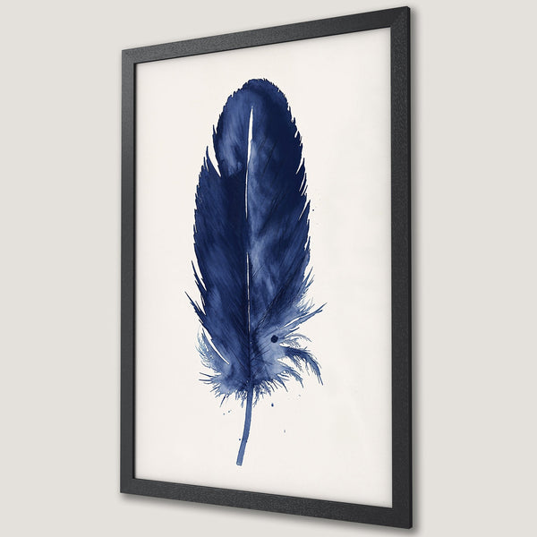 Framed Poster featuring a watercolor-style blue feather on a white background. Perfect wall art decor for a calming aesthetic.