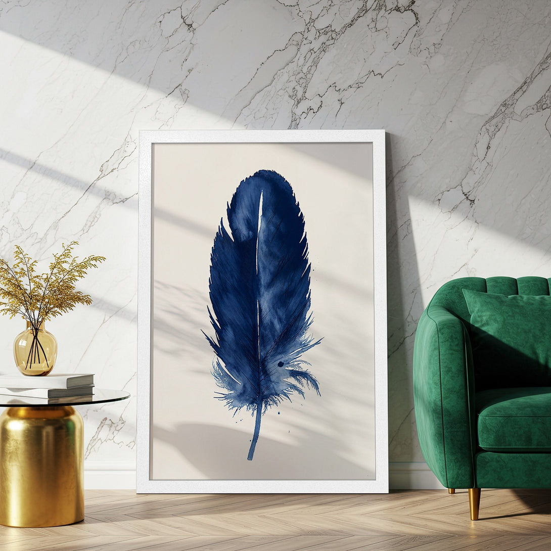 Framed Poster featuring a watercolor-style blue feather. Elegant wall art with a neutral palette, perfect for modern home decor.