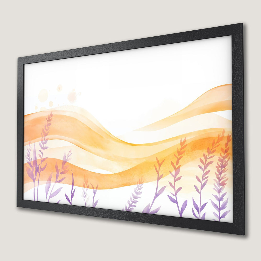 Framed Poster featuring watercolor waves and lavender plants in a warm, orange and purple palette. Add art to your space!