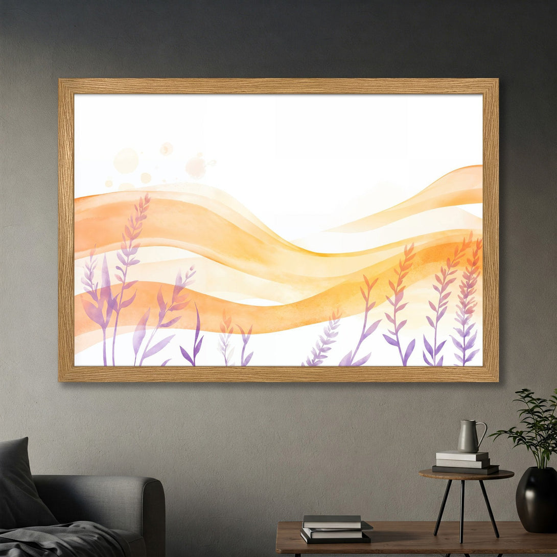 Framed Poster featuring watercolor abstract with orange and purple hues. Modern art print perfect for home decor.