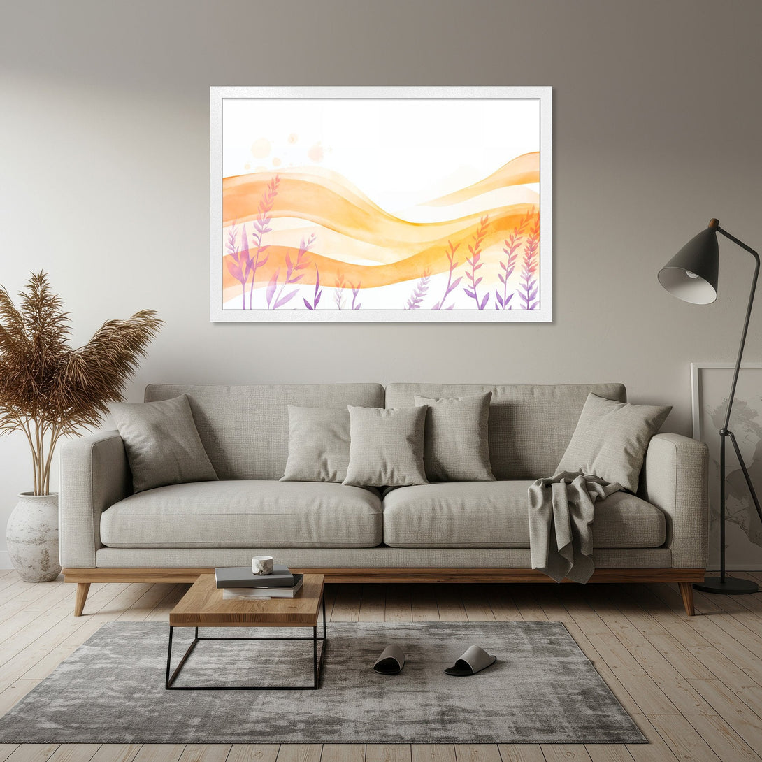 Framed Poster featuring watercolor floral art in warm orange and purple tones. Modern home decor.