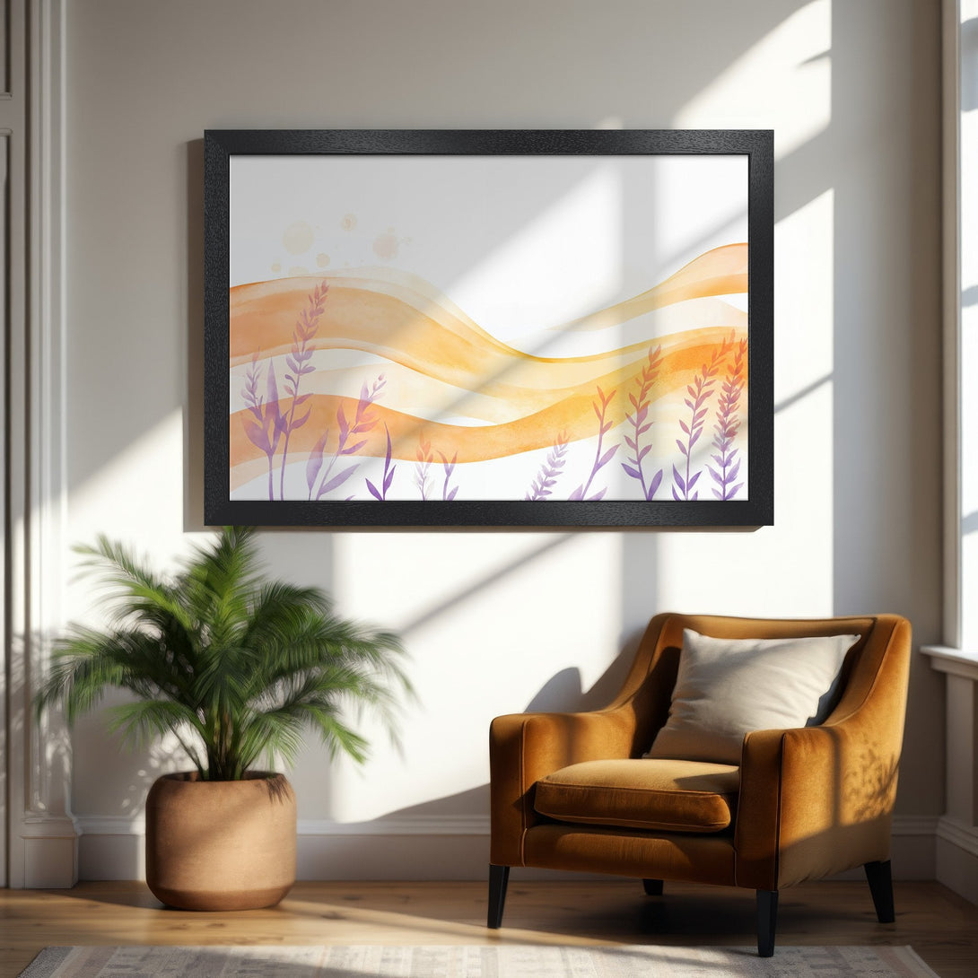 Framed Poster with abstract watercolor art. Features warm orange and purple hues, perfect for modern decor. Shop now!