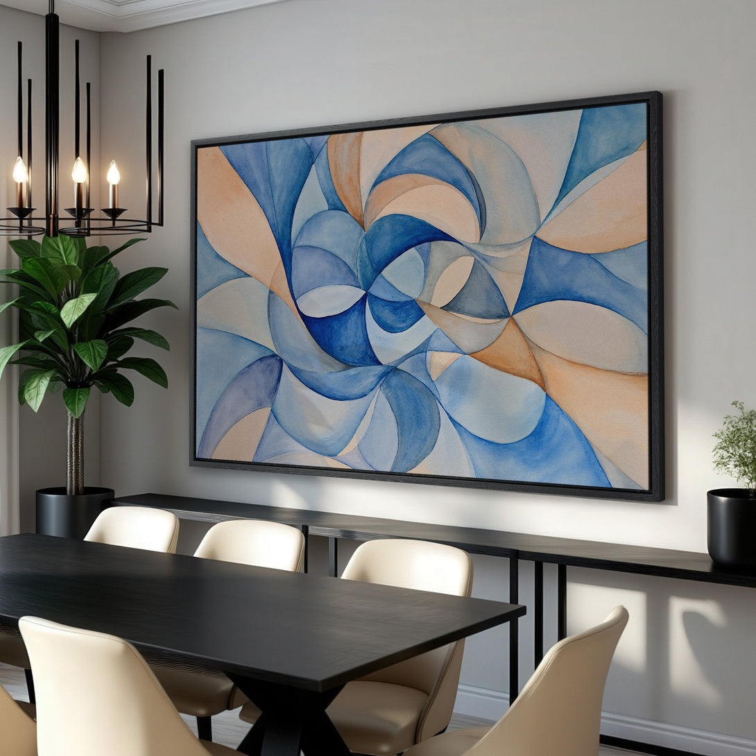 Framed Wall Art: Abstract watercolor art in blue and beige tones. Modern canvas print perfect for dining room decor. Shop now!