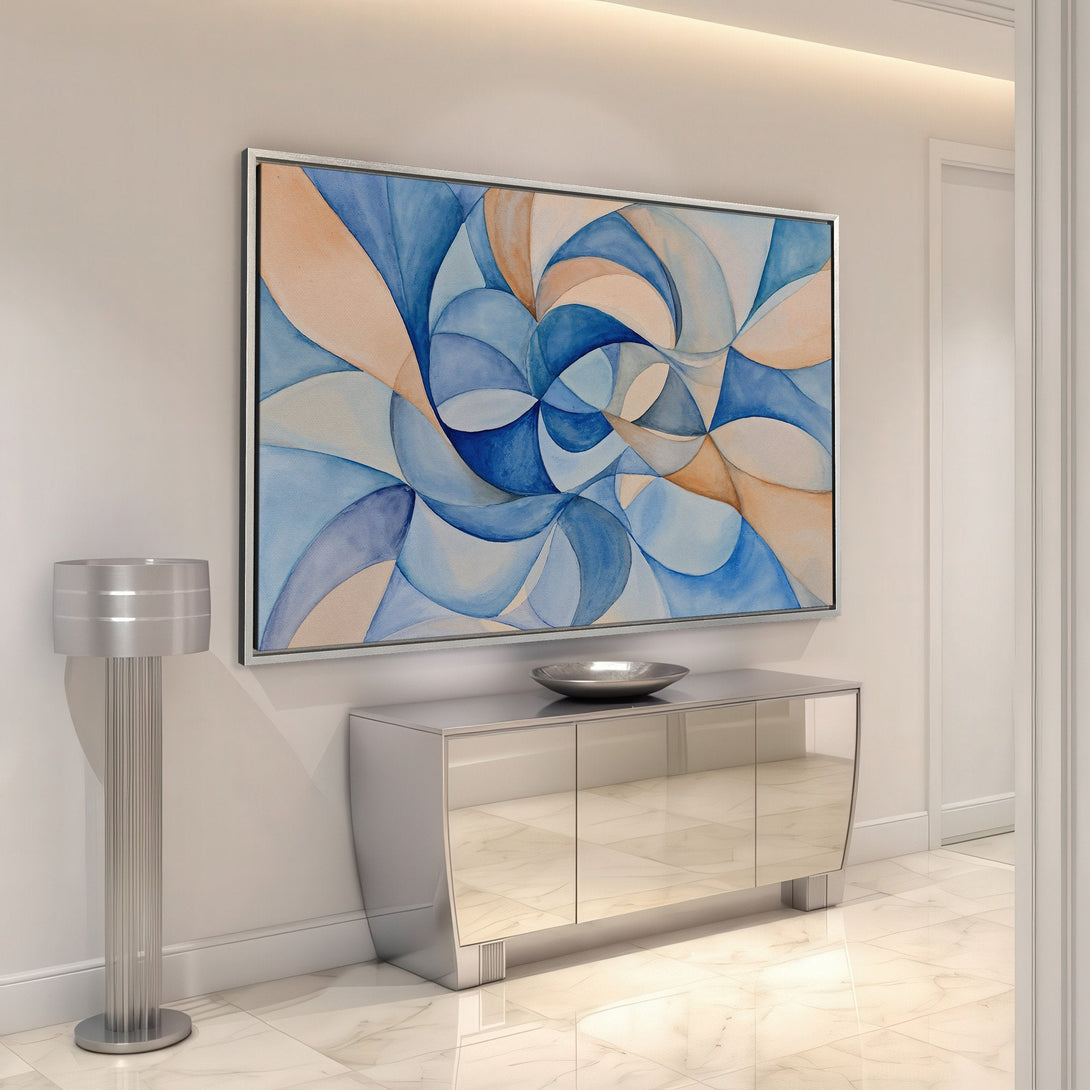 Framed Wall Art: Abstract watercolor art in blue, peach, and white tones. Modern style canvas print adds a touch of elegance to any interior space.
