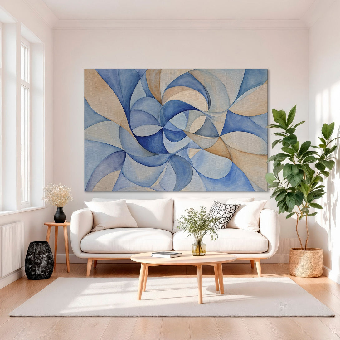 Framed Wall Art: Abstract watercolor painting in blue and peach tones. Modern art style, perfect for living room decor. Shop now!