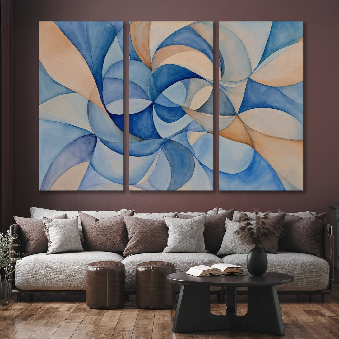 Abstract Canvas Print in blue, beige, and white. Modern wall art for living room decor.