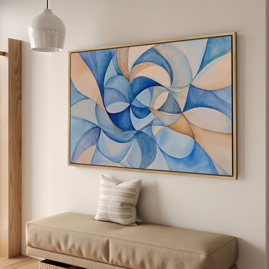 Framed Wall Art featuring an abstract watercolor design in blue and peach tones. Modern art for your home decor.