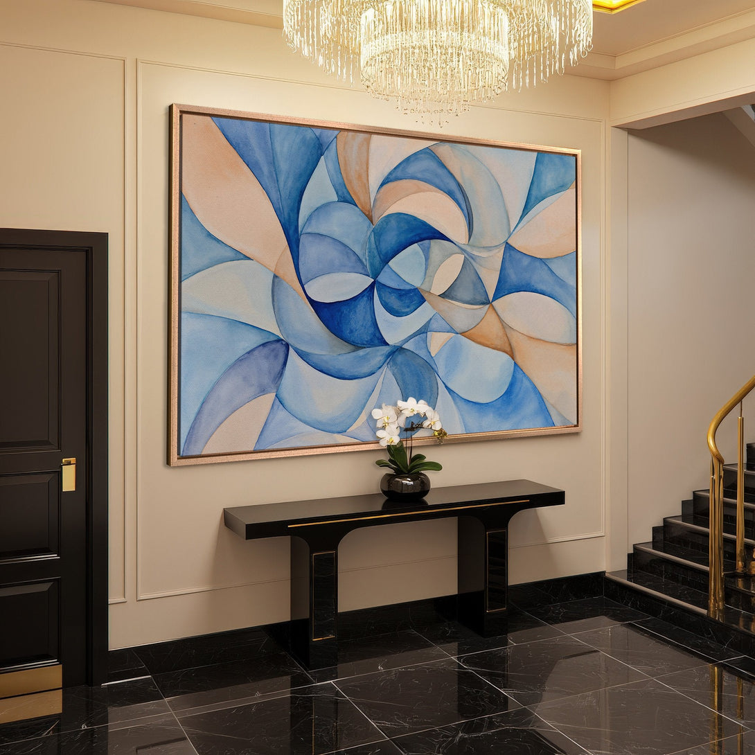 Framed Wall Art: Abstract blue & tan Canvas Print. Modern art for your home. Adds elegance & sophistication to any space.