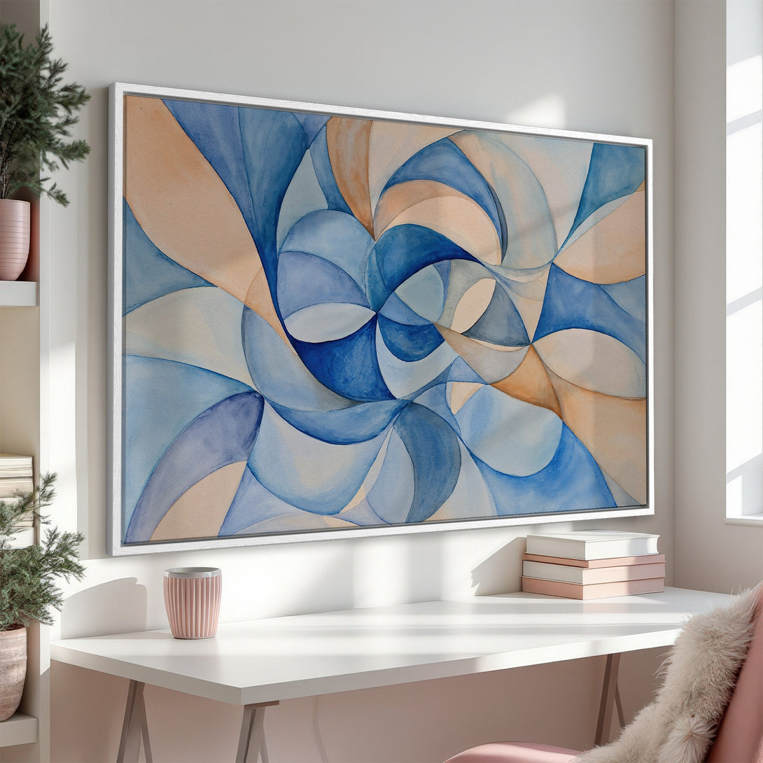 Framed Wall Art: Abstract watercolor Canvas Print in blue and beige tones. Modern art for home decor, perfect for adding a touch of elegance.