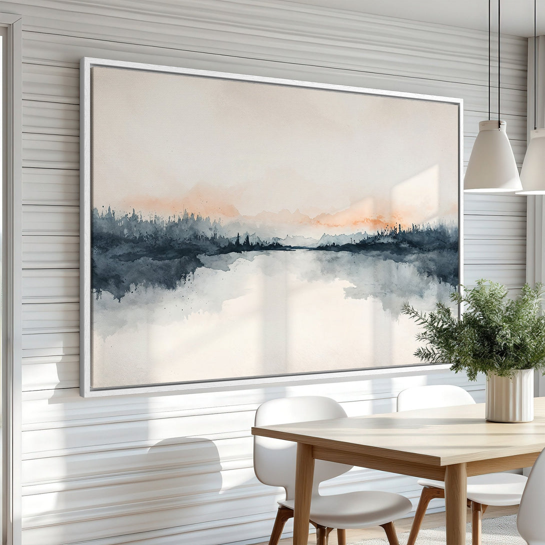Framed Wall Art: Abstract landscape Canvas Print in watercolor style with a calming blue, beige, and orange color palette. Perfect for modern home decor.