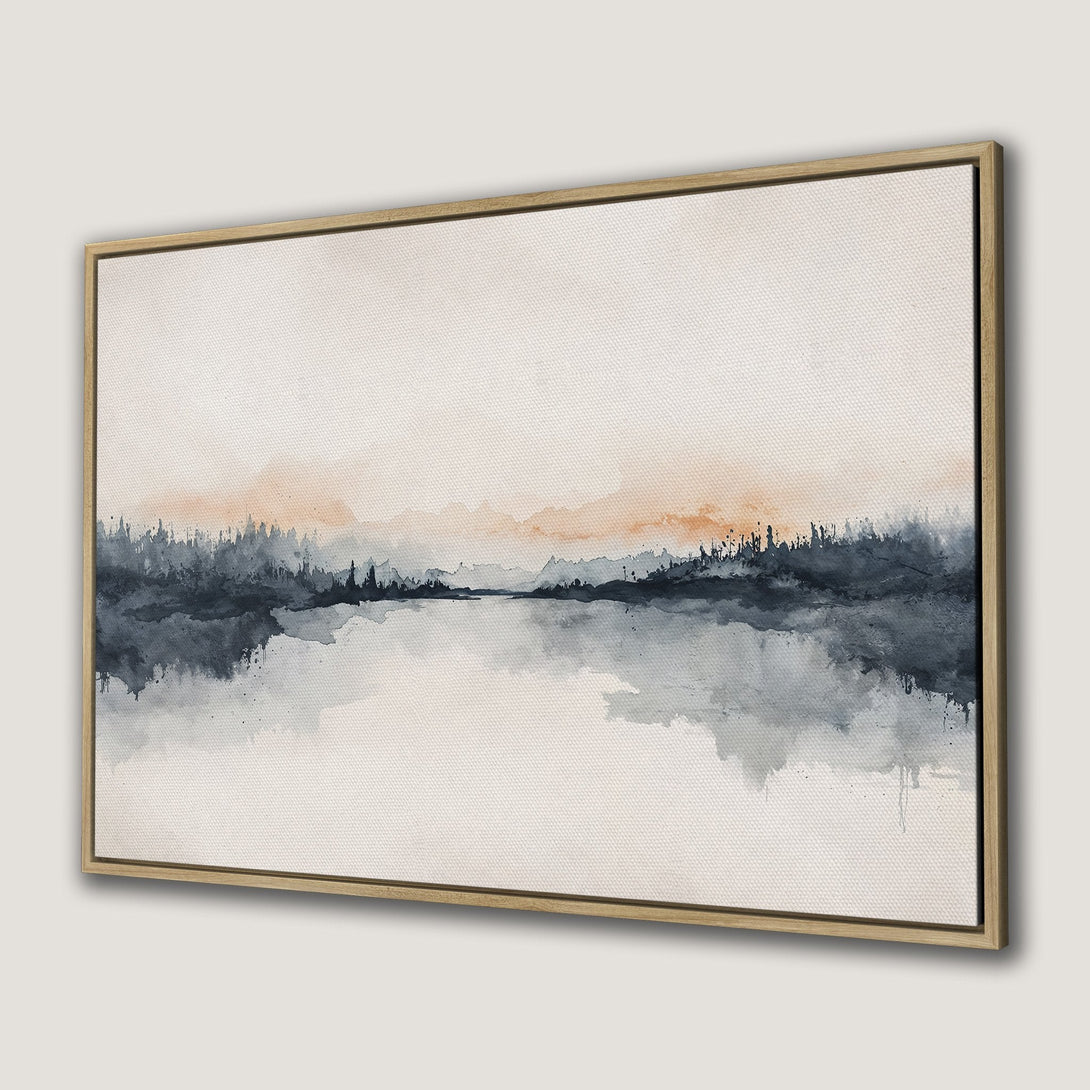 Framed Wall Art: Abstract landscape Canvas Print in watercolor style. Features a serene scene with blue, gray, and orange hues. Perfect for modern decor.