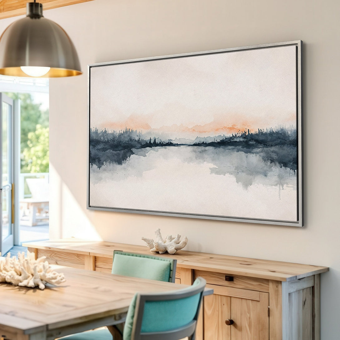 Framed Wall Art: Abstract landscape Canvas Print in watercolor style. Serene blue, gray, and peach color palette, perfect for modern home decor.