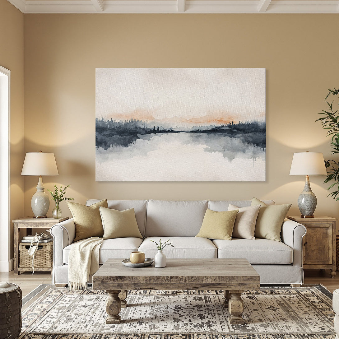 Framed Wall Art: Watercolor landscape Canvas Print in muted blues and oranges, perfect for adding a touch of nature to your home decor.
