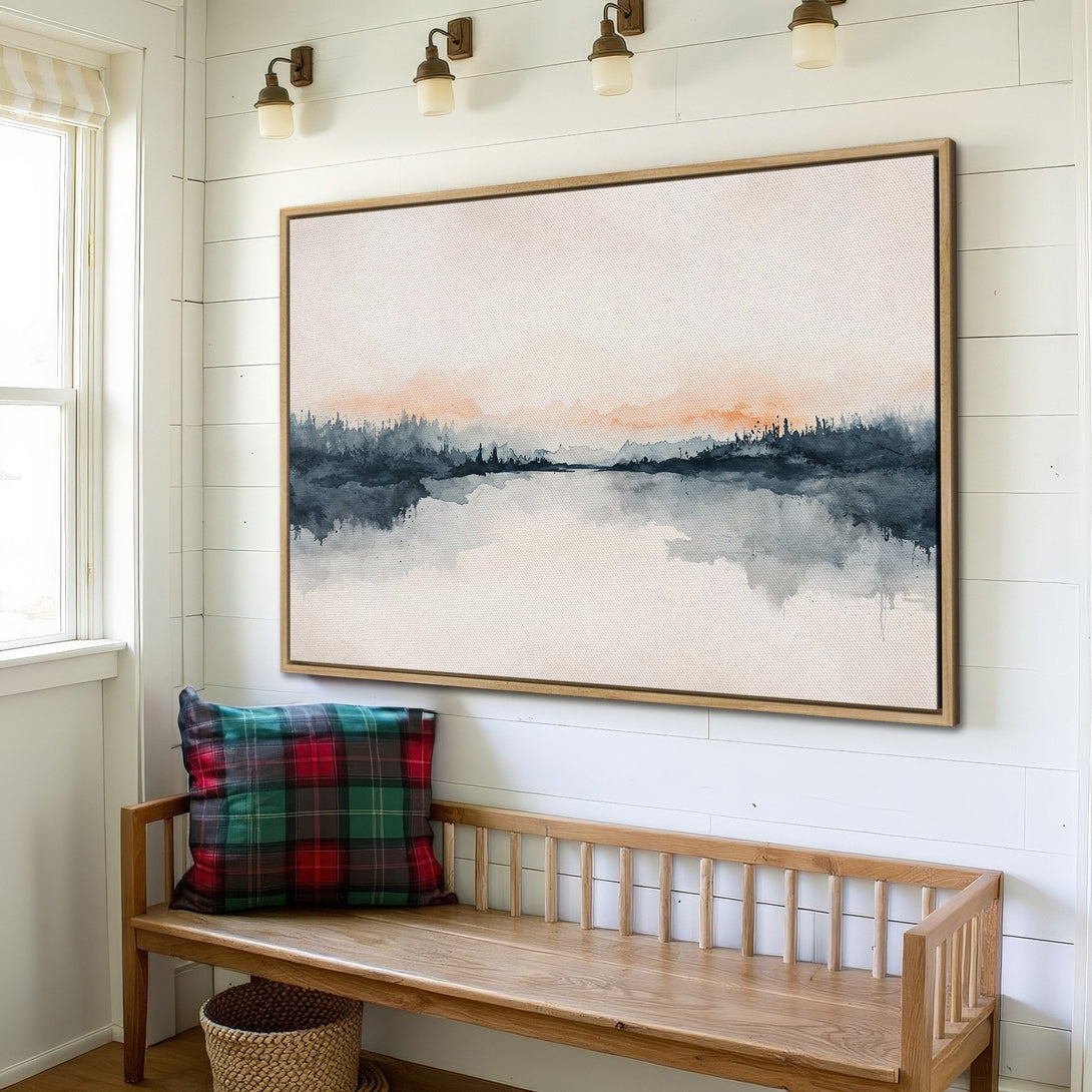 Framed Wall Art: Abstract landscape Canvas Print in muted blues, grays, and orange, perfect for adding a touch of serenity to any space.