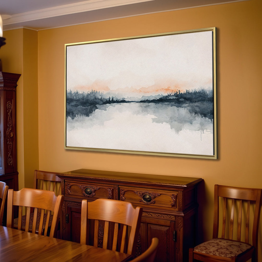 Canvas Print featuring a serene watercolor landscape in blue, orange, and neutral tones. Perfect for modern home decor!