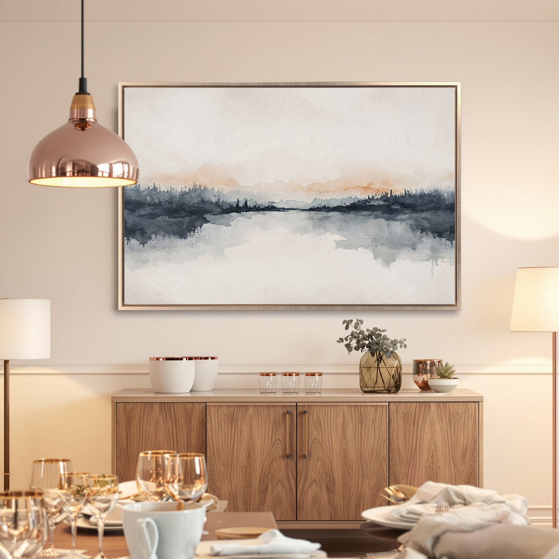 Framed Wall Art: Abstract landscape Canvas Print in blue, gray, and peach tones. Modern art for a stylish interior.