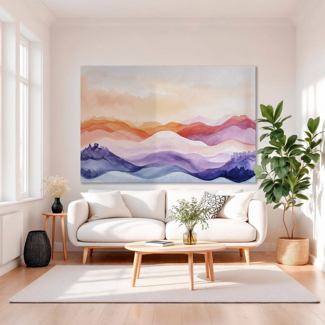 Framed Wall Art: Abstract watercolor landscape in warm sunset colors. Perfect for adding a touch of serene beauty to any living space.