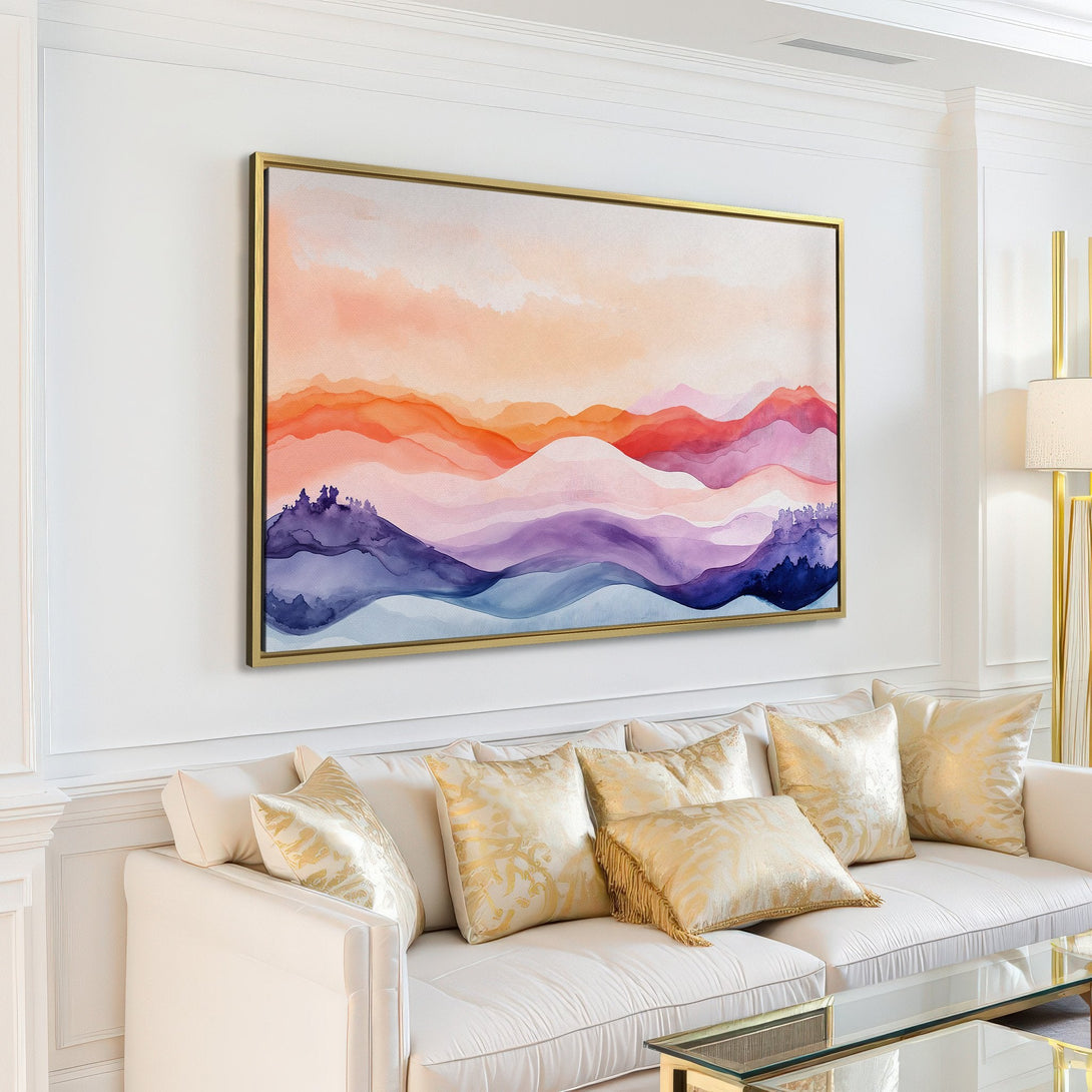 Canvas Print of watercolor mountain landscape in warm, inviting tones of orange, purple, and blue. Perfect for modern home decor.