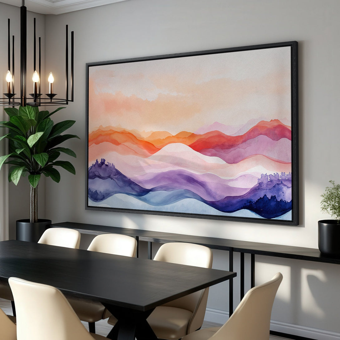 Framed Wall Art: Abstract watercolor landscape in warm orange, pink, and purple hues. Modern art print perfect for dining room decor.