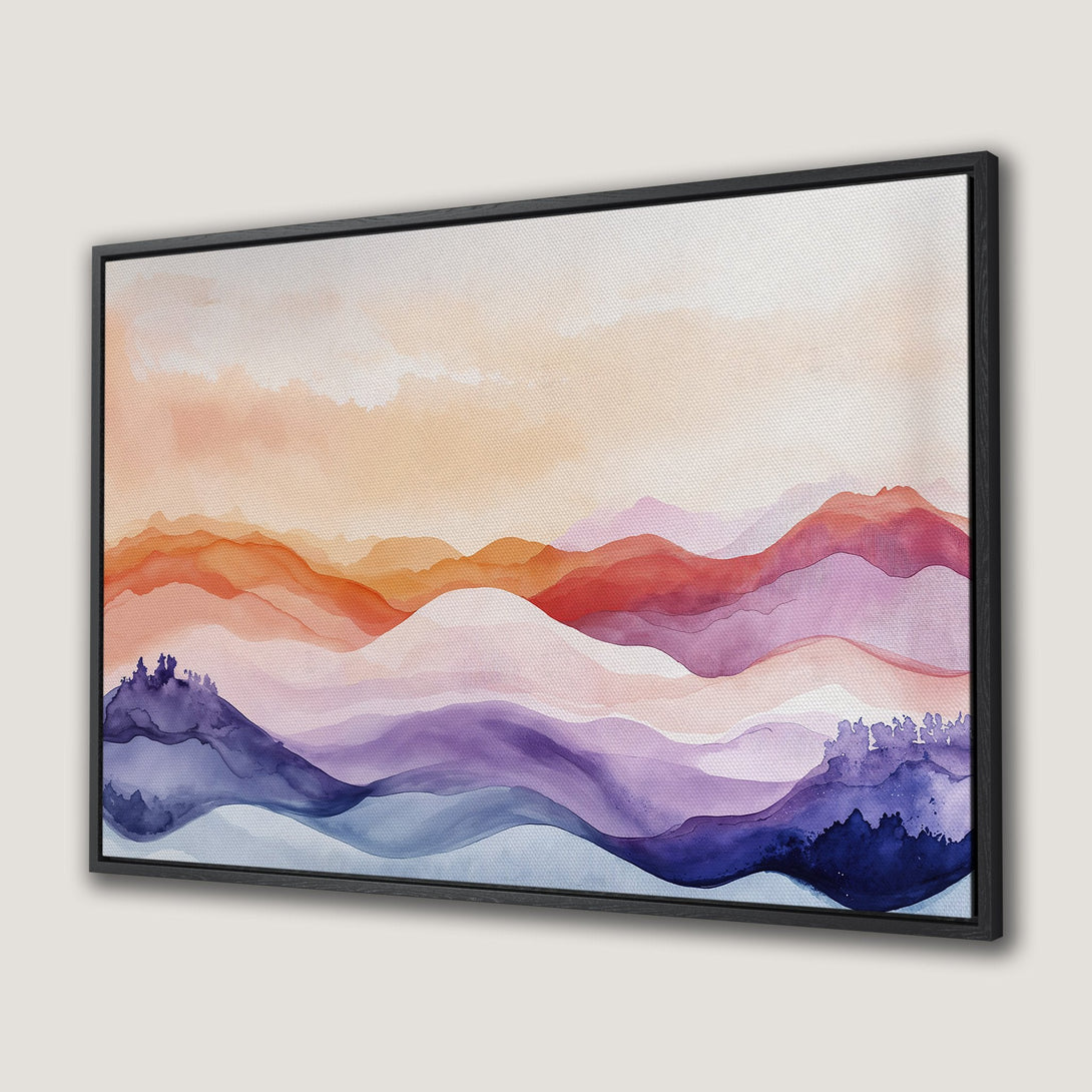 Framed Wall Art Canvas Print of watercolor mountains in warm sunset hues of orange, pink, and purple. Perfect for adding a touch of nature to your decor.