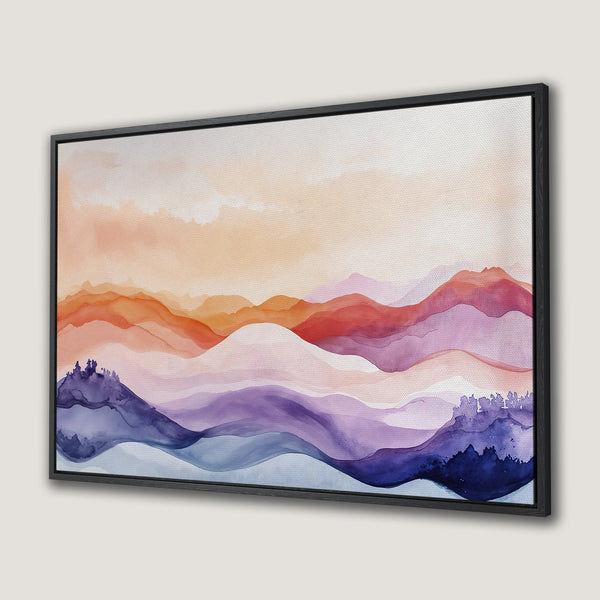 Framed Wall Art Canvas Print of watercolor mountains in warm sunset hues of orange, pink, and purple. Perfect for adding a touch of nature to your decor.