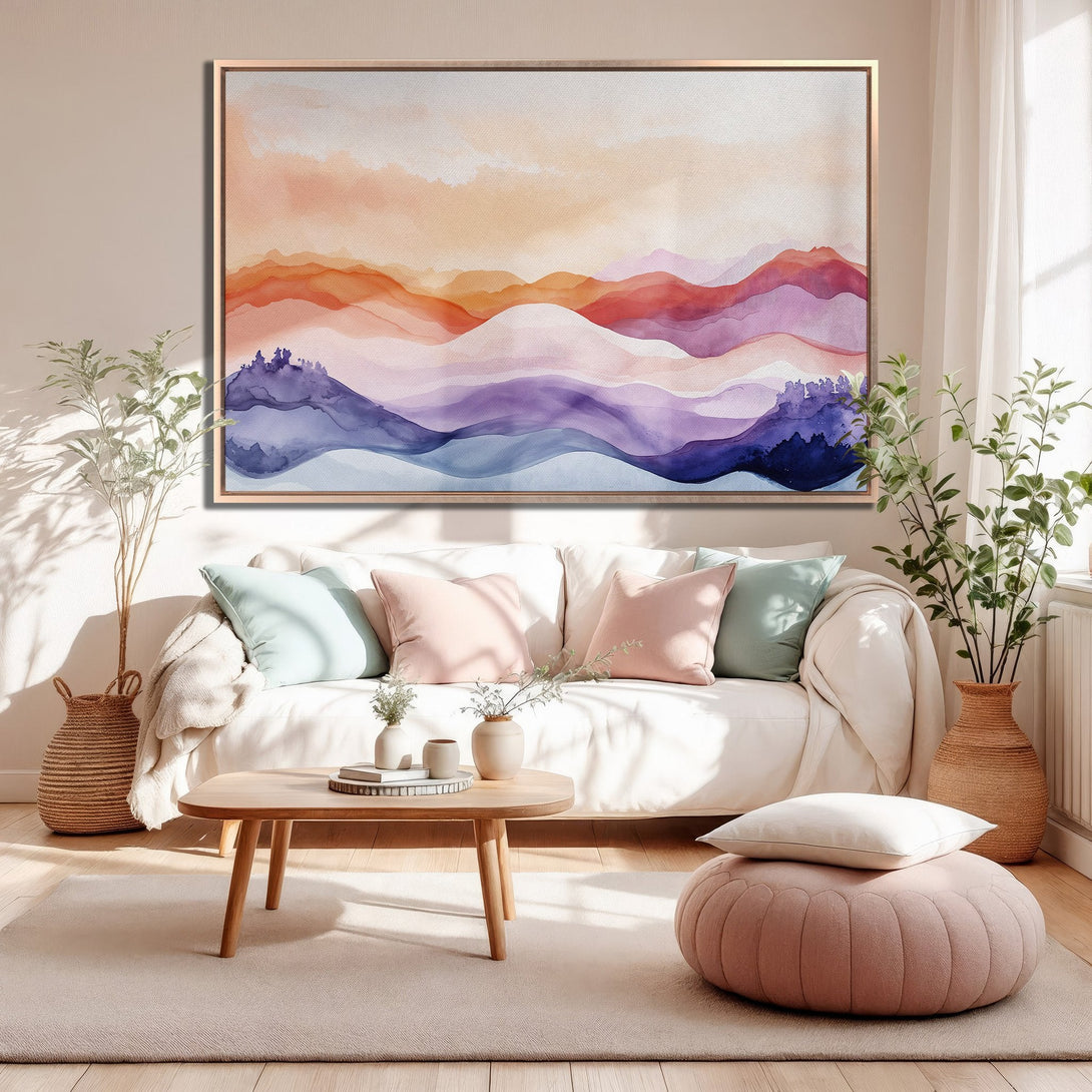 Framed Wall Art featuring abstract watercolor mountain landscape in warm orange, purple, and blue hues. Modern art for living room decor.