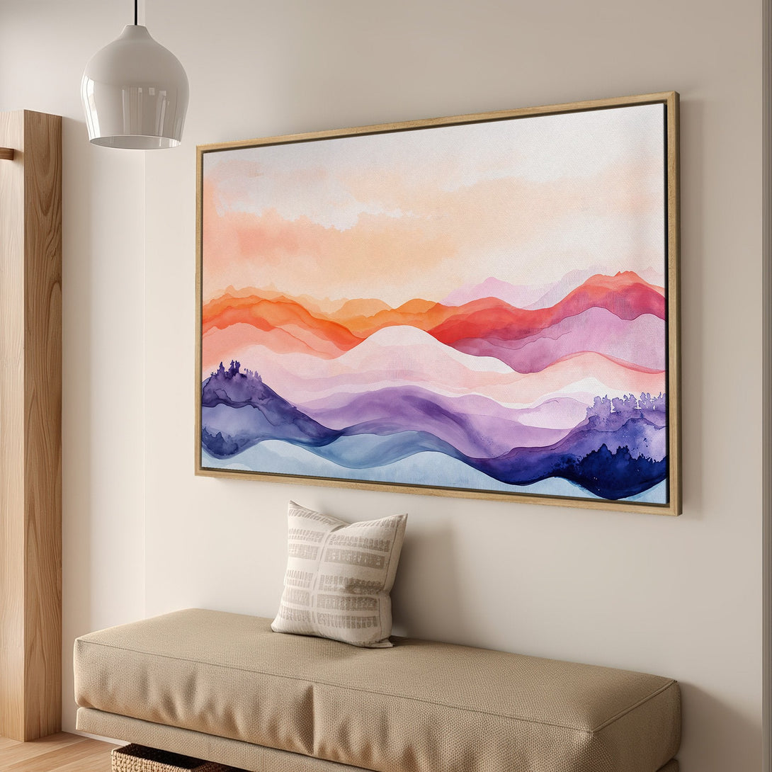 Framed Wall Art: Watercolor mountain landscape in warm sunset hues. Modern art Canvas Print for home decor, featuring orange, purple, and blue tones.
