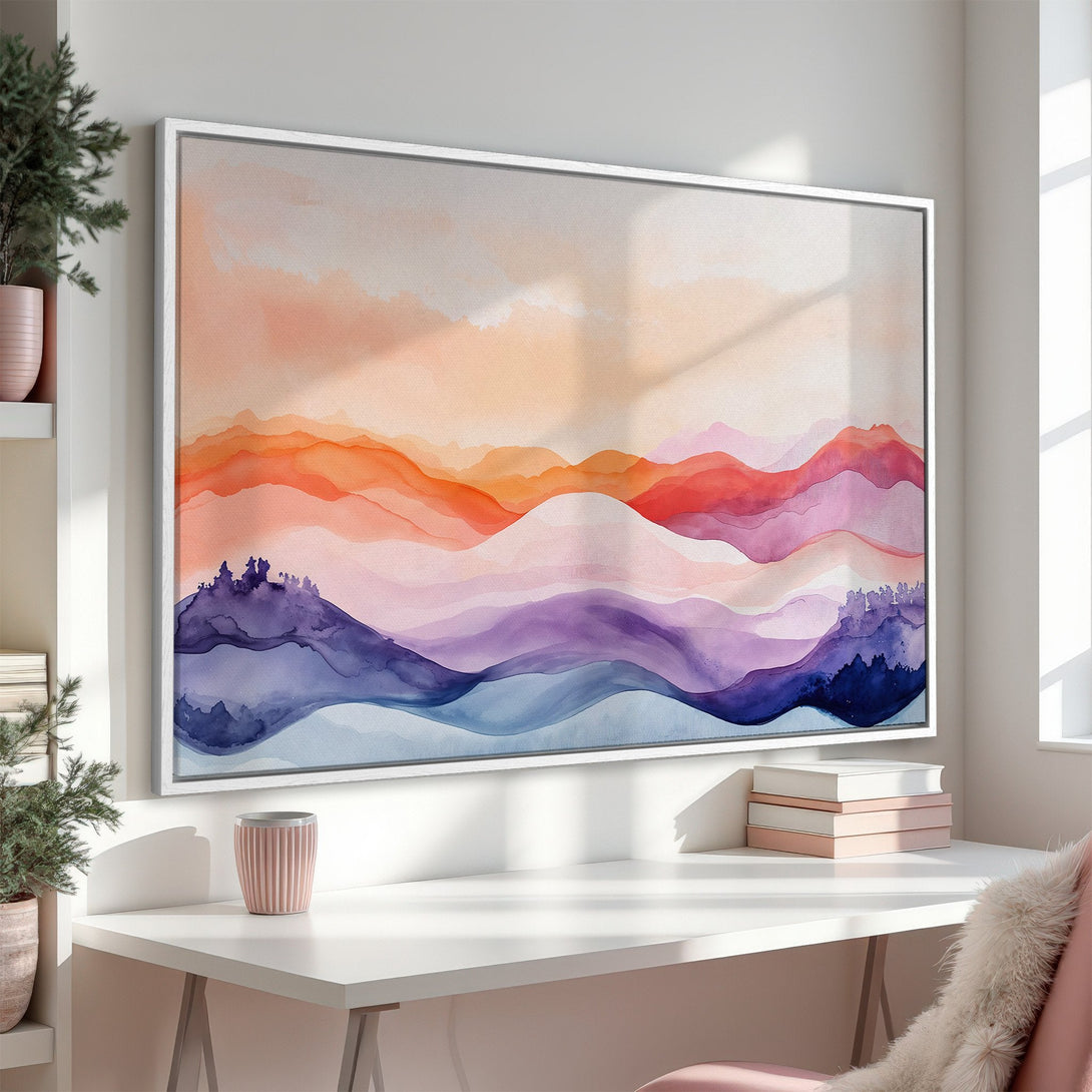 Framed Wall Art: Abstract watercolor landscape Canvas Print featuring warm sunset hues. Perfect for adding a touch of serenity and style to any space.