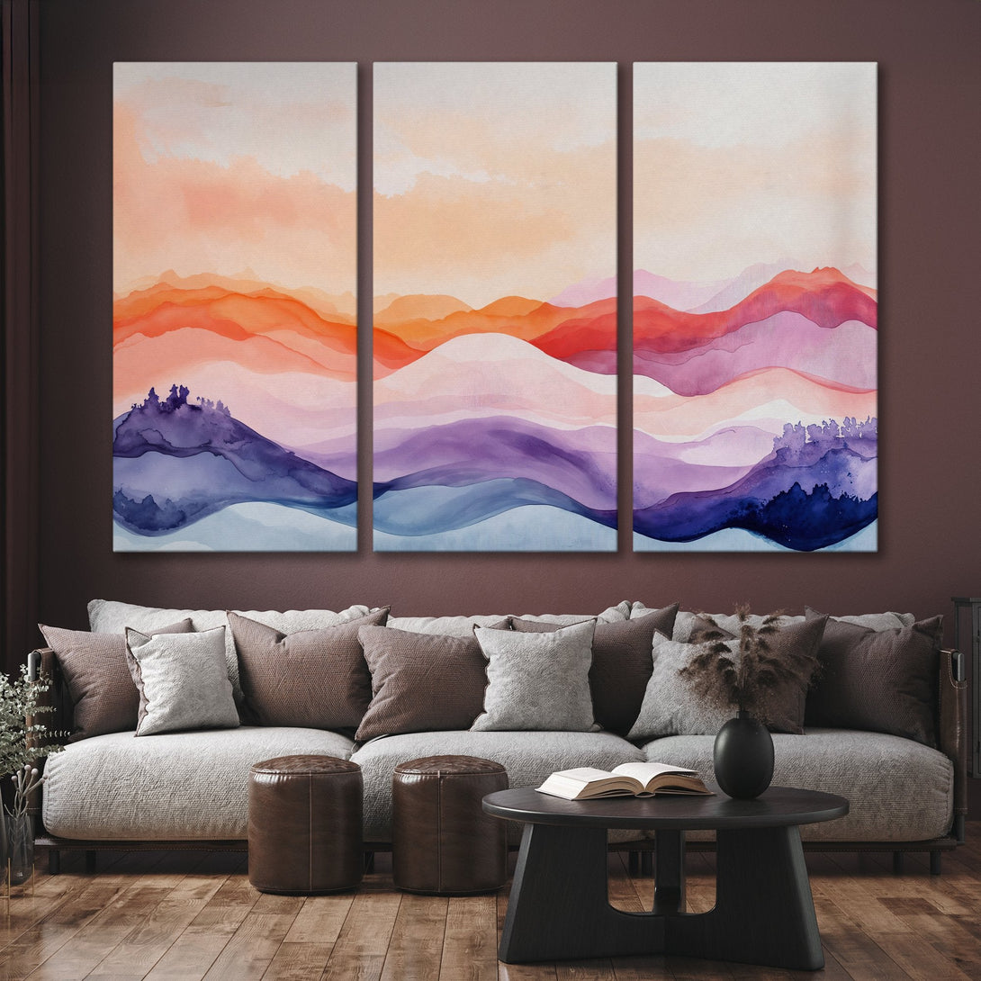 Canvas Print of abstract watercolor landscape art in warm orange, red, and purple hues. Modern wall decor for living room.
