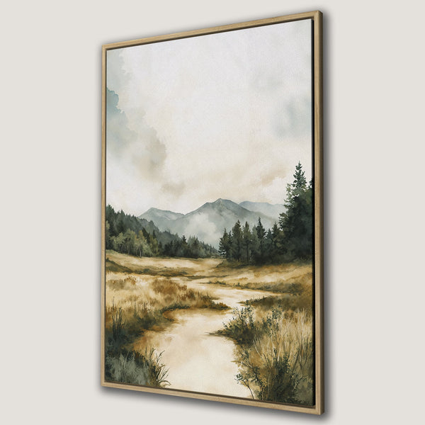 Framed Wall Art of a serene watercolor landscape. Features mountains, trees, and a river in a muted, earthy color palette. Perfect for adding a touch of nature to your decor.