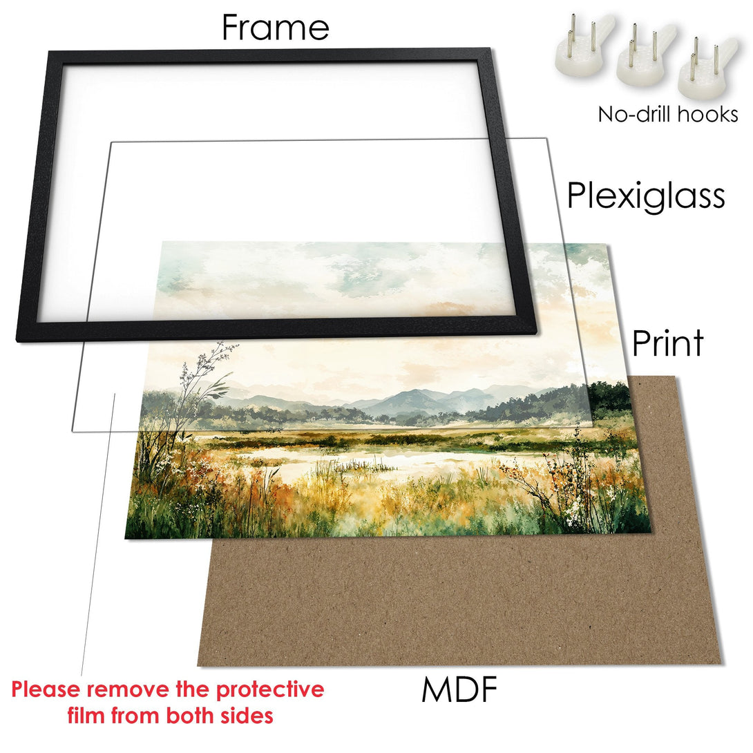 Framed Poster of a serene landscape painting in watercolor style with a warm, earthy color palette. Perfect wall art!