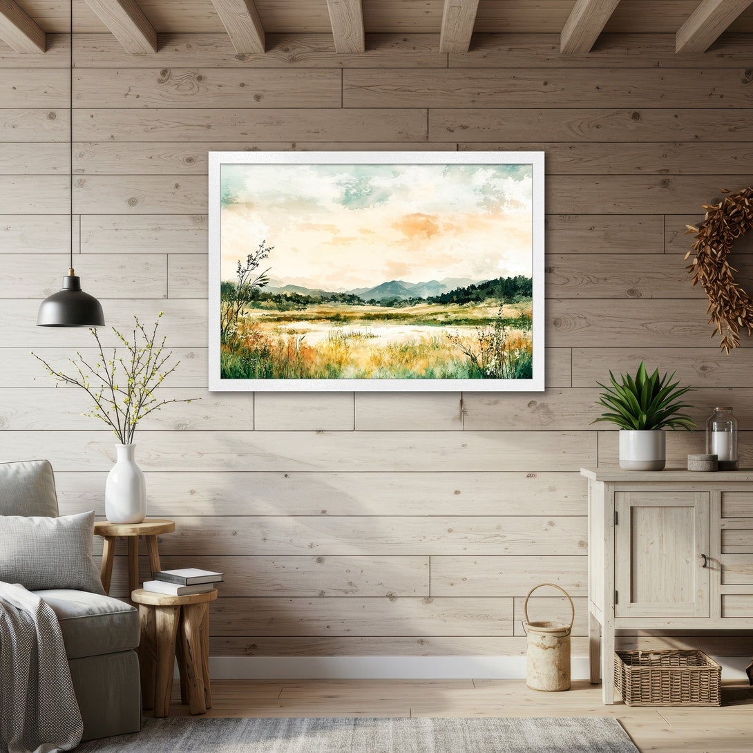 Framed Poster of a serene landscape in watercolor style, featuring a warm color palette of greens, yellows, and blues. Perfect wall art!
