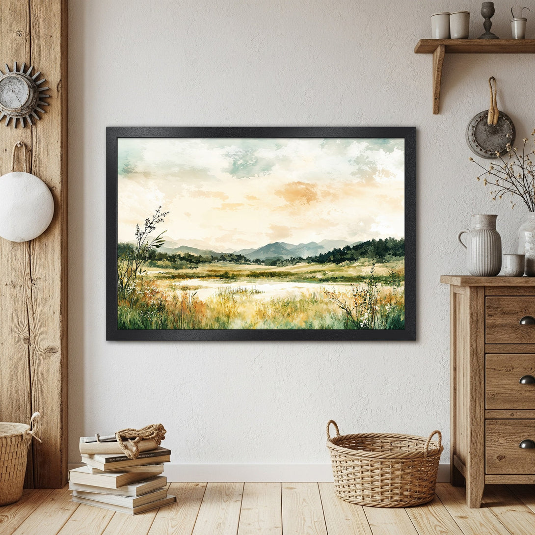 Framed Poster of a serene landscape painting in watercolor style with a warm, earthy color palette. Perfect for home decor.