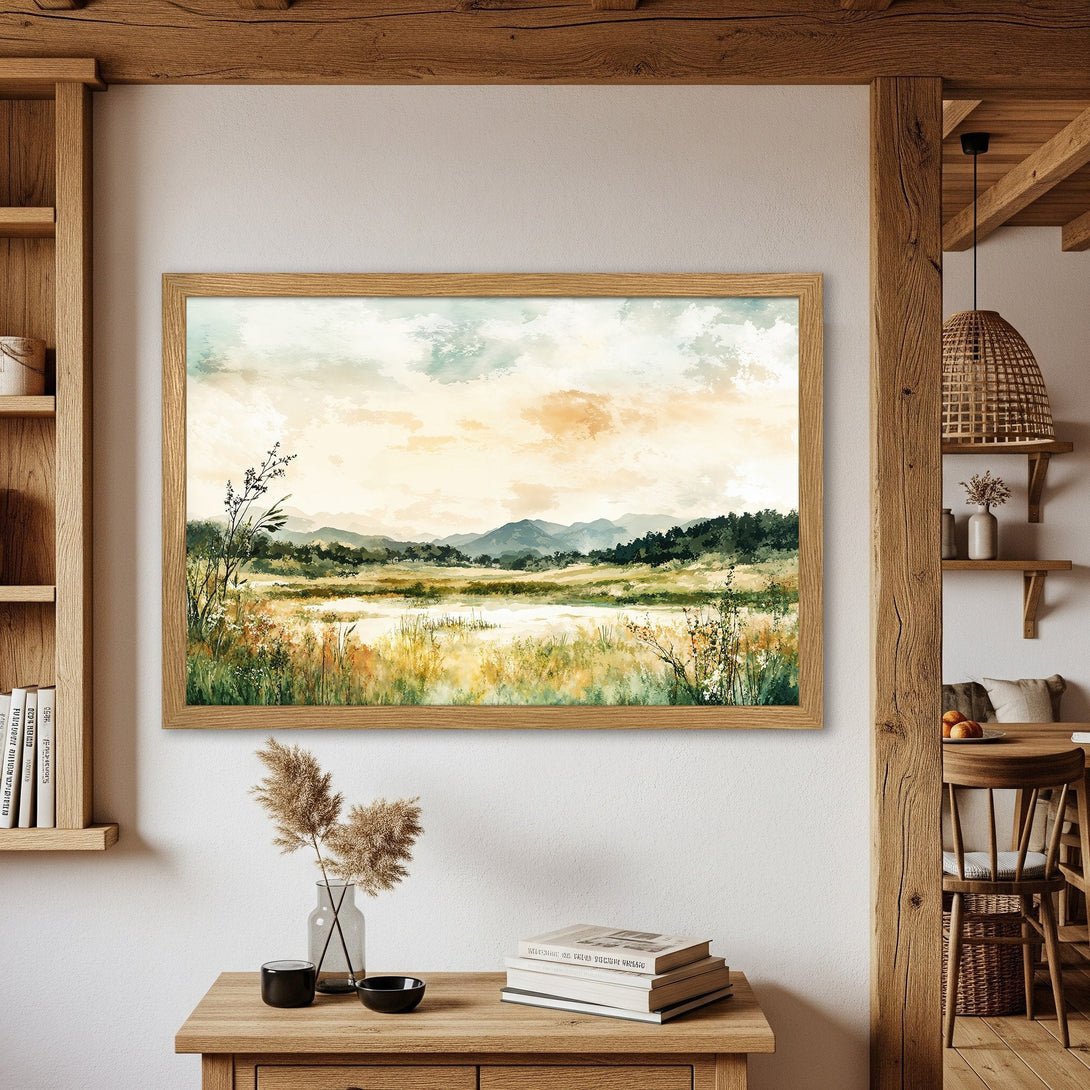 Framed Poster of a serene landscape painting in watercolor style. Earthy tones of green, yellow, and blue evoke tranquility. Perfect wall art!