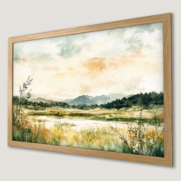 Framed Poster featuring a watercolor landscape with mountains, warm color palette, and a natural style.