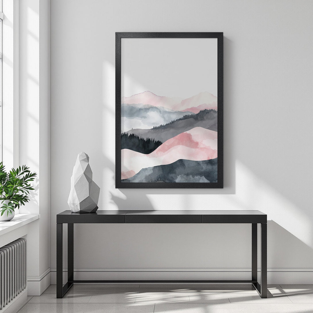 Framed Poster featuring watercolor mountain landscape art in soft pink, gray, and black. Modern wall decor for a stylish home.