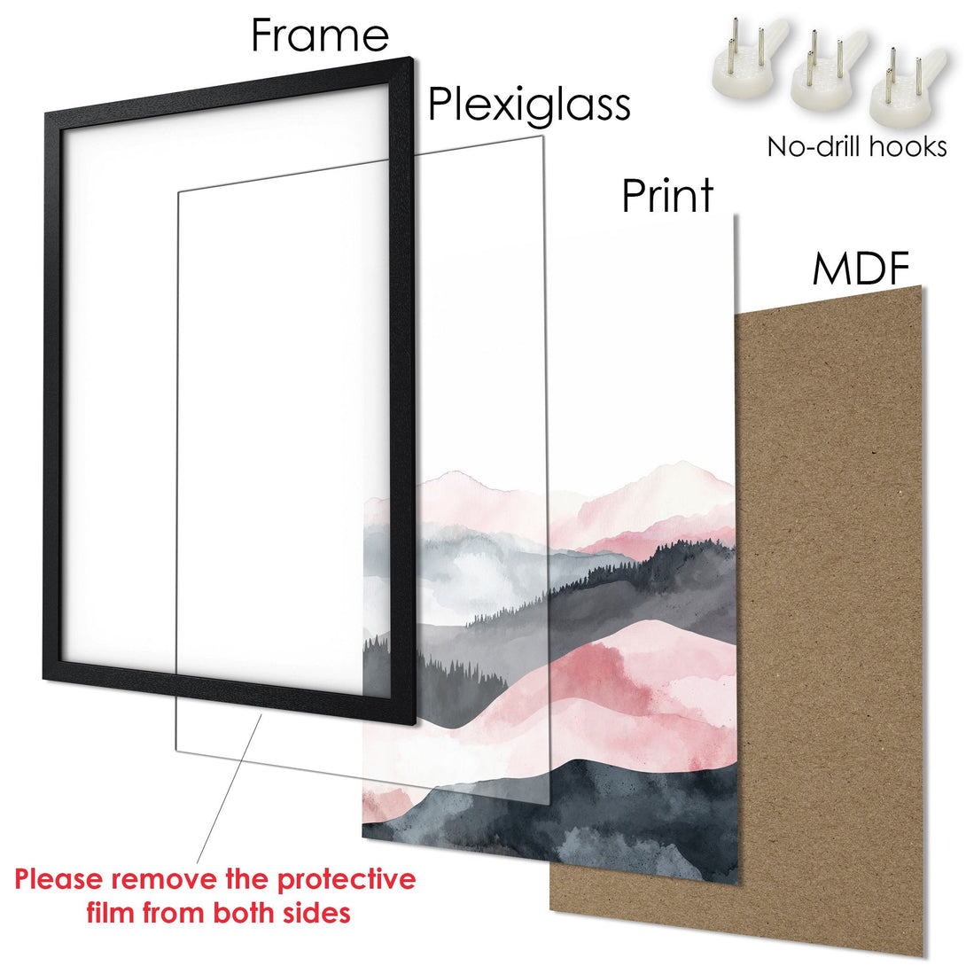 Framed Poster featuring a watercolor mountain landscape in pink, gray, and black. Modern art print for your home.