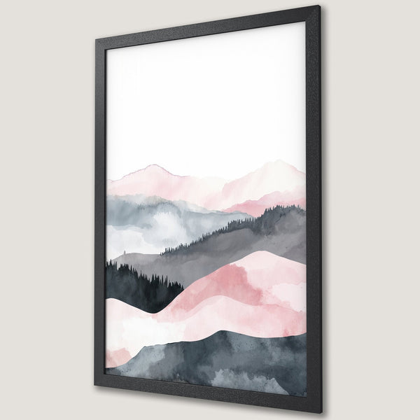 Framed Poster featuring watercolor mountains in a serene style with a pink, gray, and white color palette. Perfect wall art for any space!