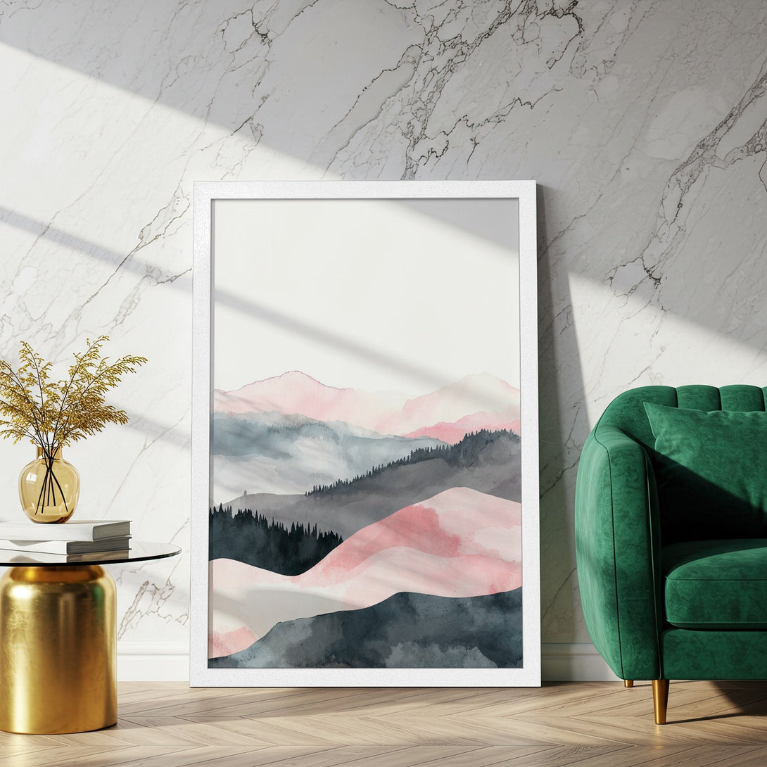 Framed Poster featuring watercolor mountain landscape art in pink, gray, and teal. Modern wall decor for your home.