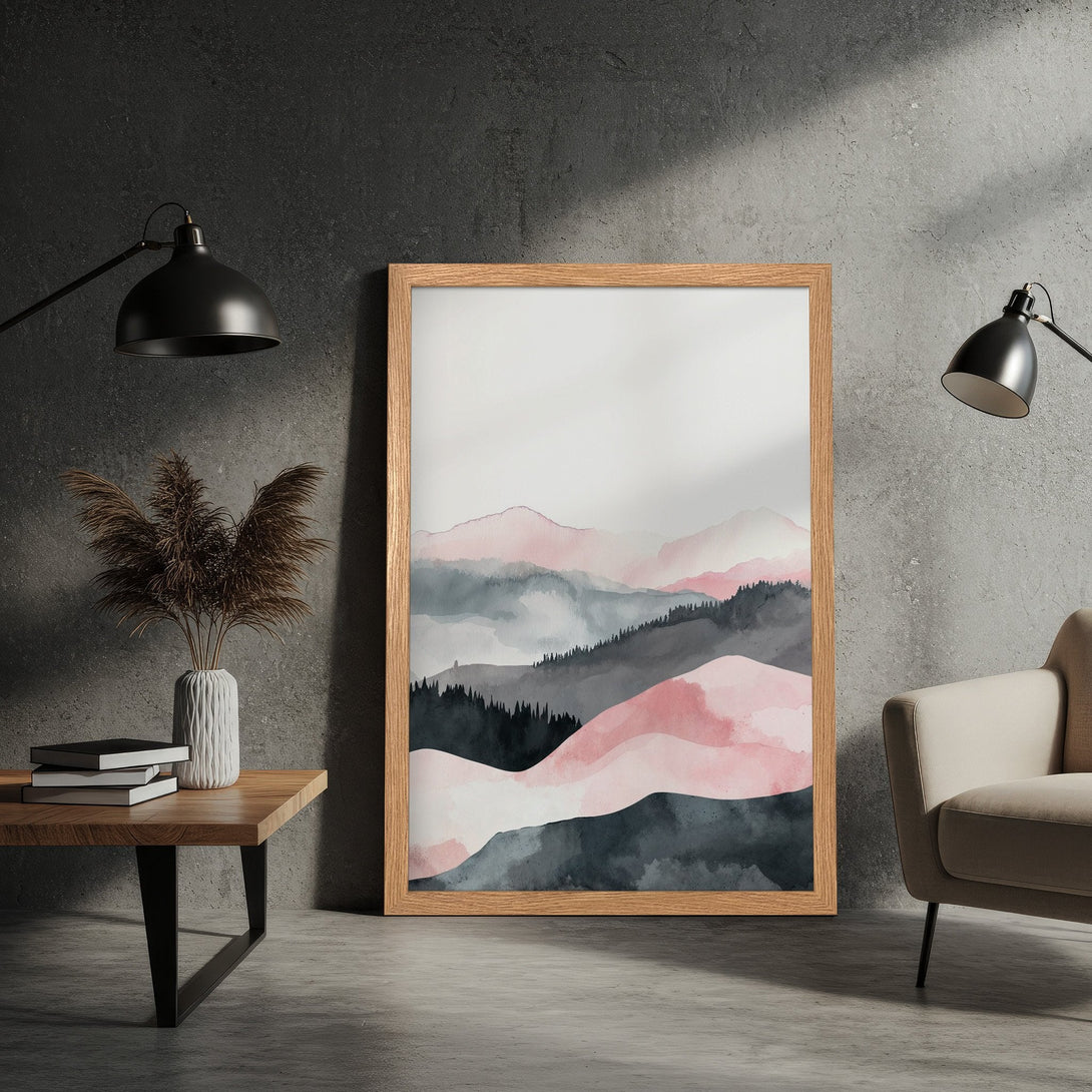 Framed Poster featuring watercolor mountain landscape in pink, gray, and black. Modern art print for your home decor.