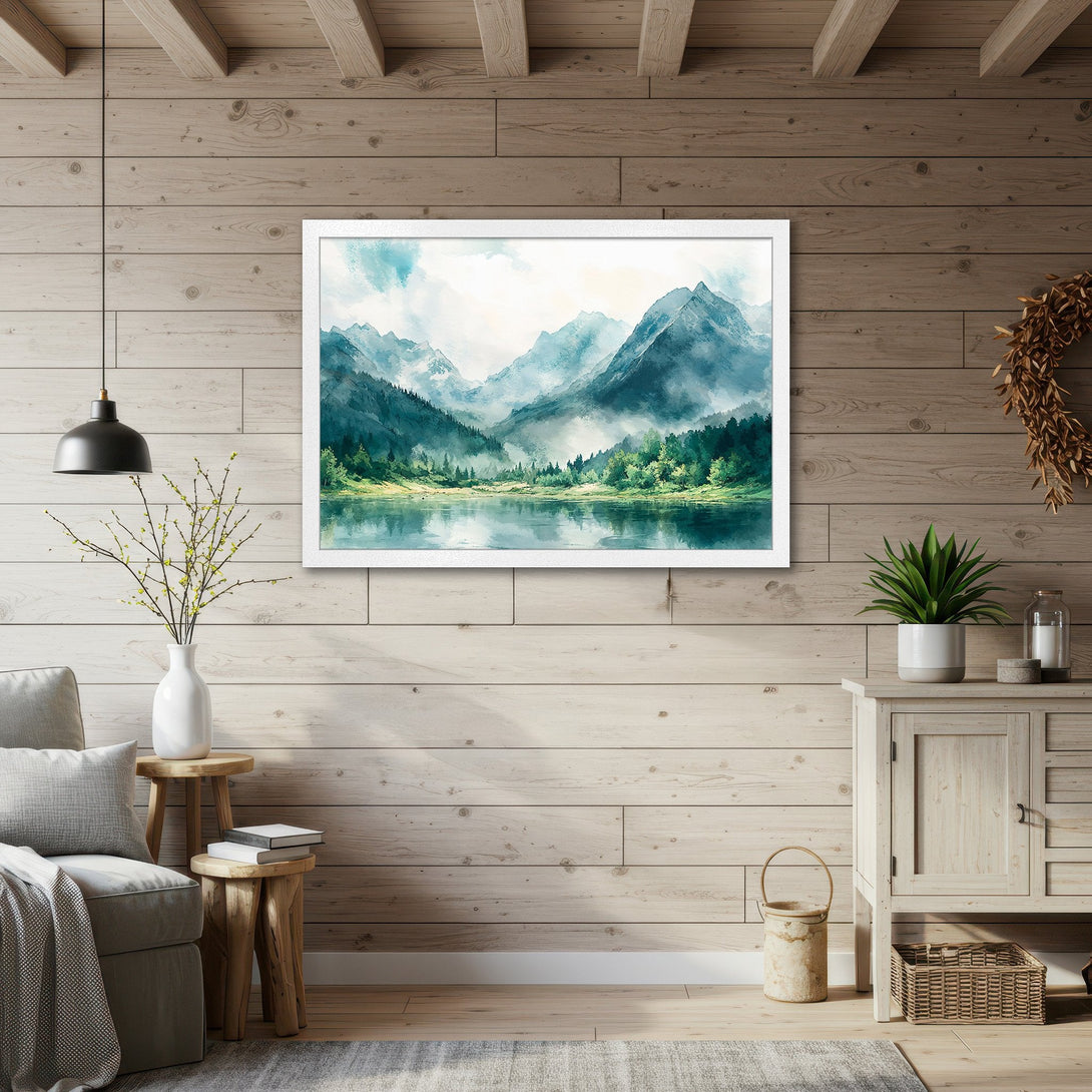 Framed Poster featuring a serene watercolor mountain landscape in blue and green hues, perfect for nature lovers.