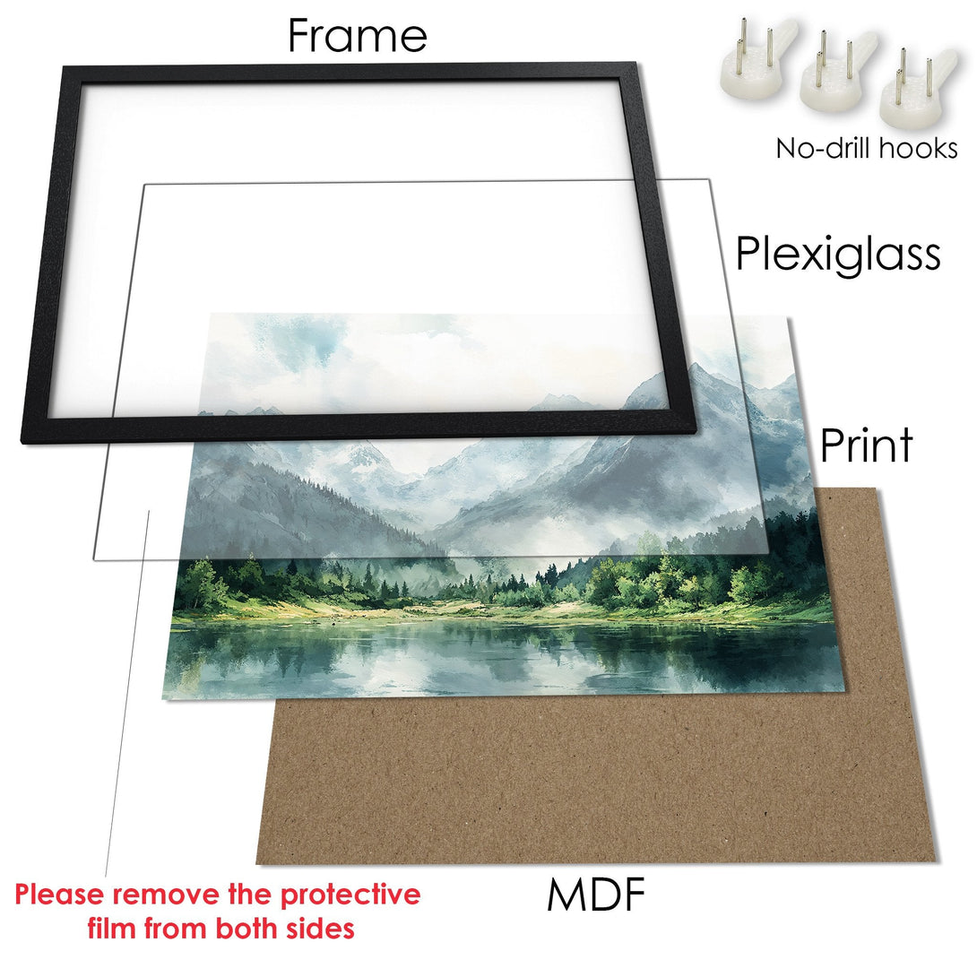 Framed Poster of a serene mountain landscape in watercolor style, featuring a calming blue and green color palette.