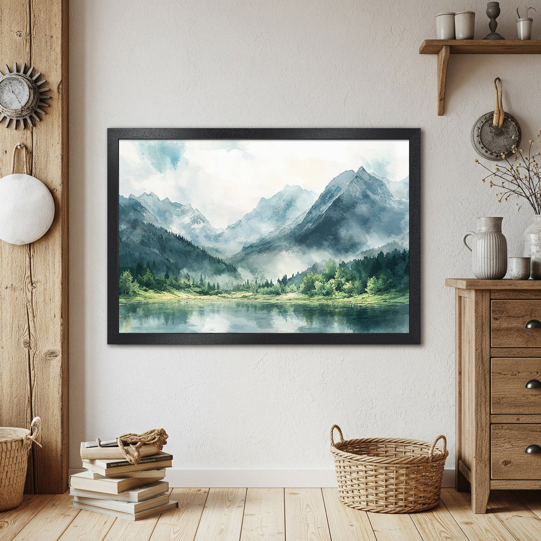 Framed Poster of misty mountain lake scene, watercolor style in blue, green, and grey tones. Perfect wall art for your home!