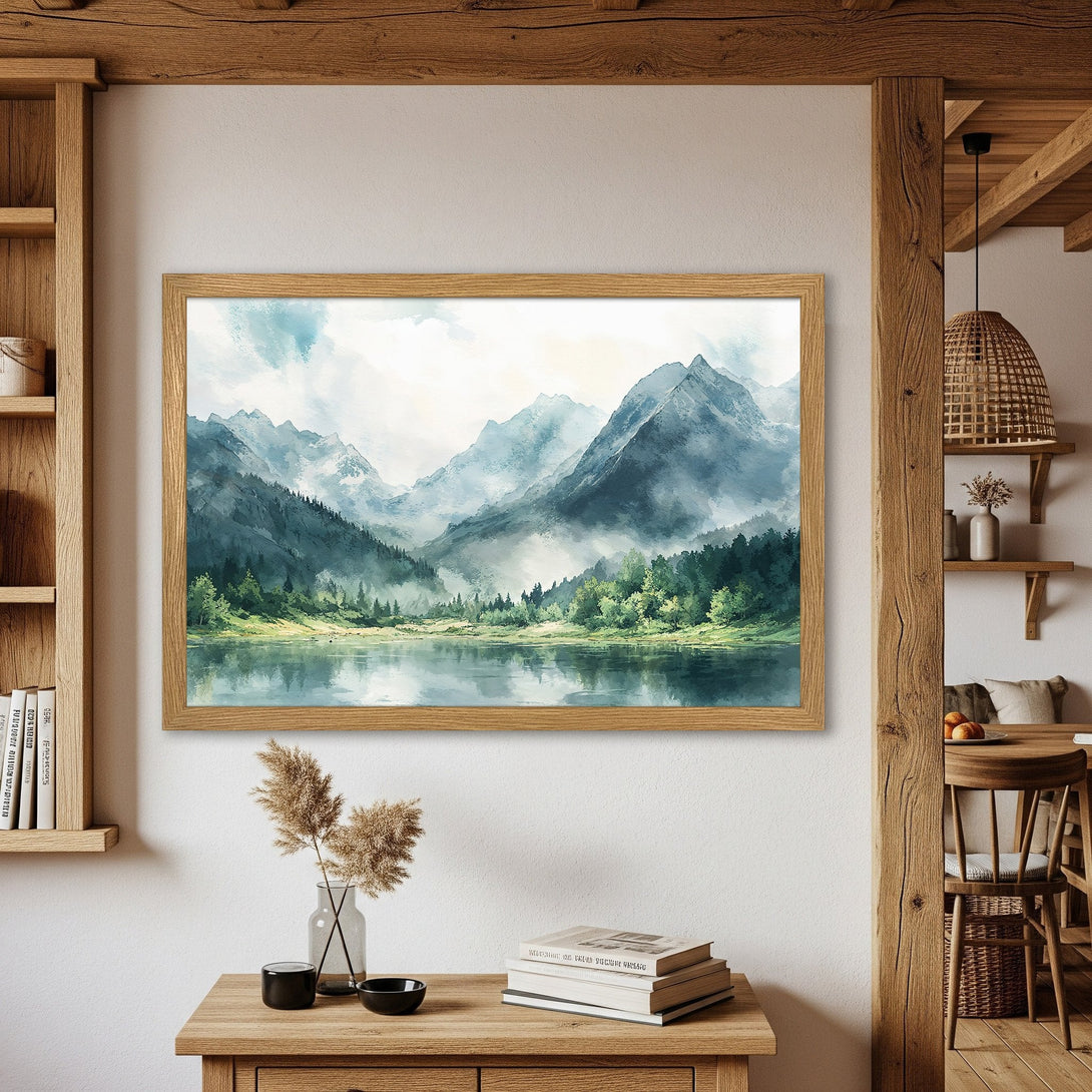 Framed Poster of a serene mountain landscape in watercolor style, featuring cool blues and greens. Perfect wall art for your home!