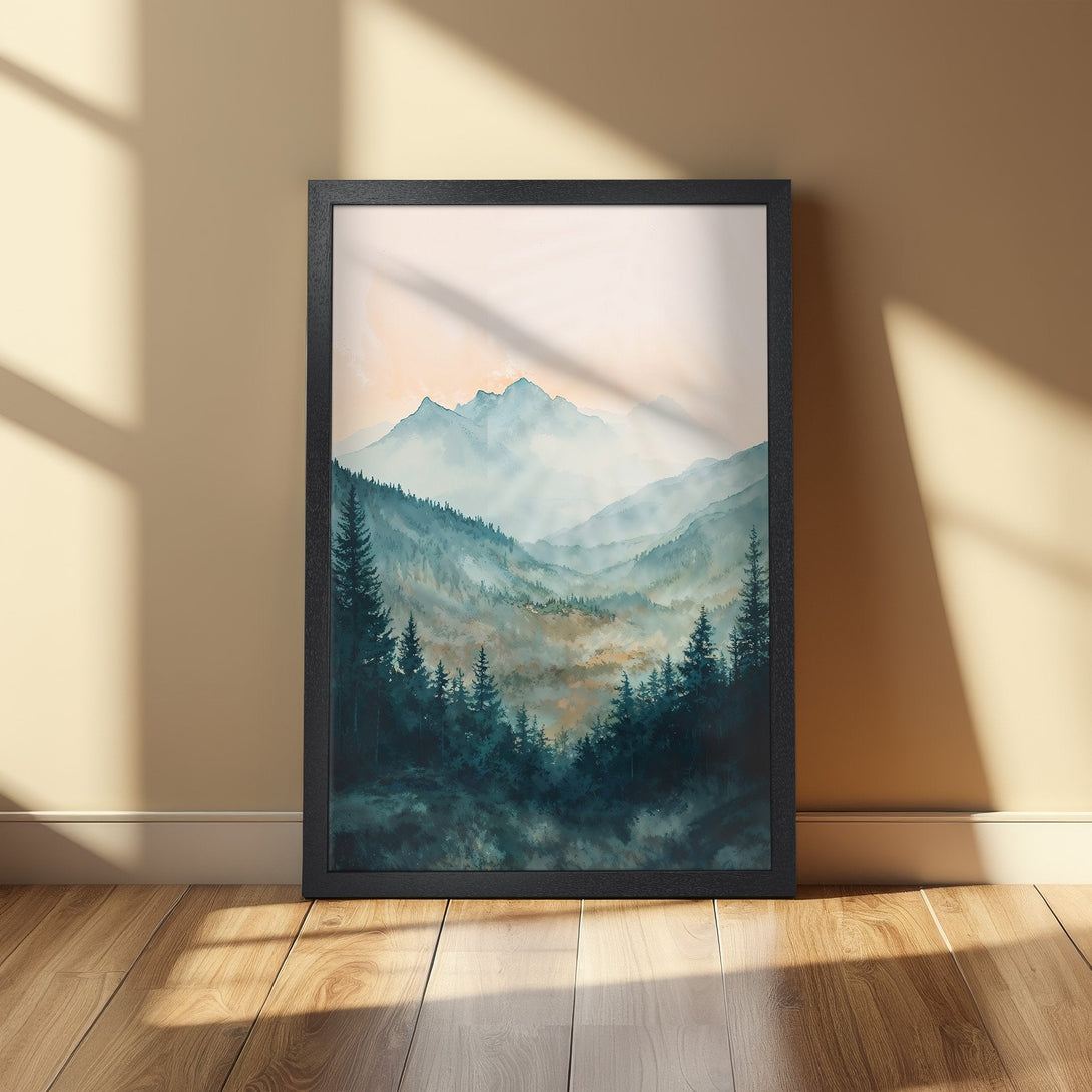 Framed Poster featuring a serene mountain landscape in watercolor style. Earthy tones of green, blue, and gold. Perfect wall art!