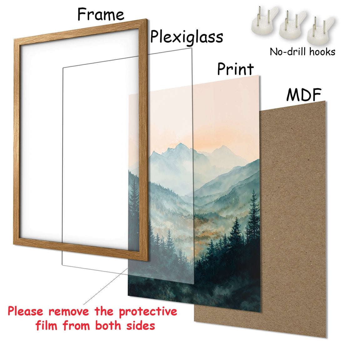Framed Poster of a mountain landscape in watercolor style with a blue and orange color palette. Ready to hang art.
