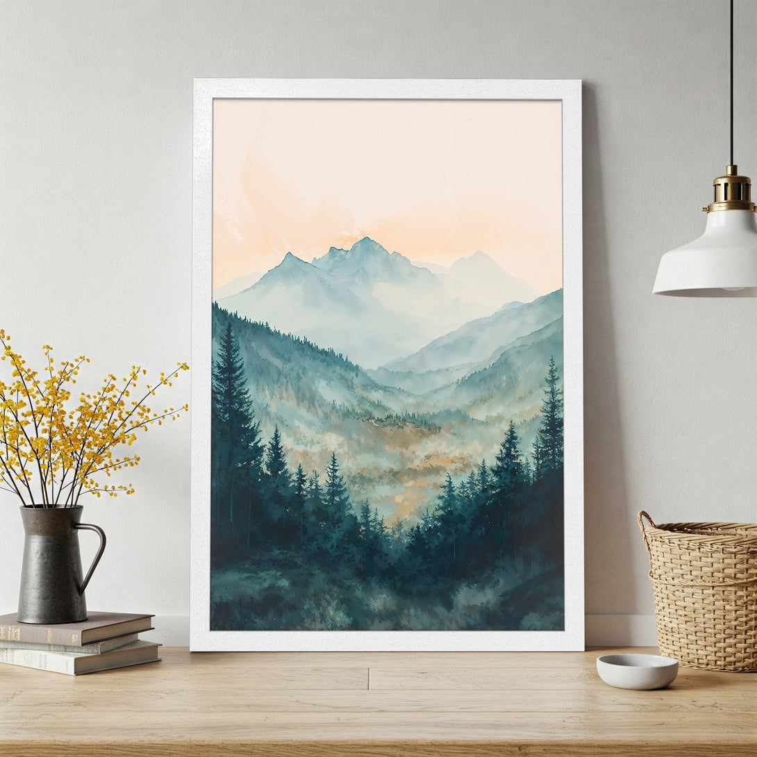Framed Poster featuring a watercolor mountain landscape in teal and peach tones. Bring the beauty of nature into your home!